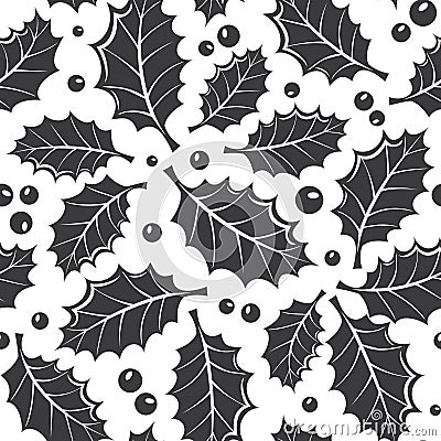 Winter black and white seamless pattern with holly leaf Vector Illustration