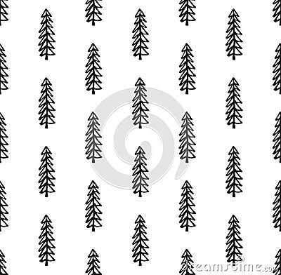 Winter black and white seamless pattern with xmas pine doodle trees Vector Illustration