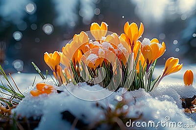 Winter bloom Crocuses emerge, piercing the cloak of winter Stock Photo