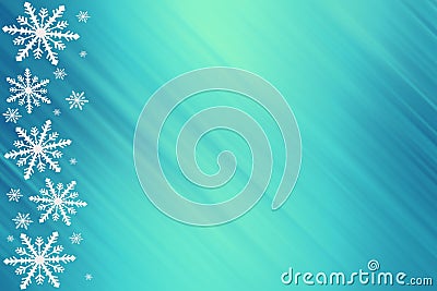 Winter blue aquamarine azur turquoise saturated bright gradient background with random snowflakes sideways and with diagonal light Stock Photo