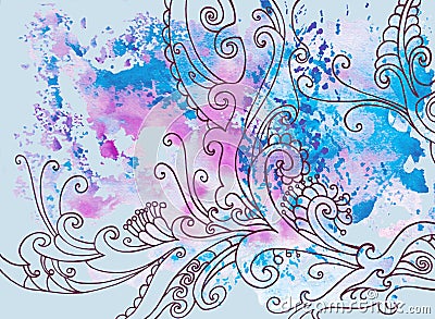 Winter blue background with patterns and watercolor stains Stock Photo