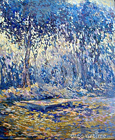 Blue forest nice brush work acrylic oil painting Stock Photo