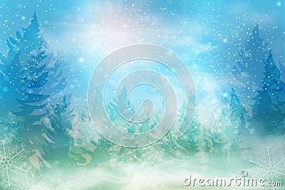 Winter blue sky with falling snow, snowflakes with winter landscape Vector Illustration