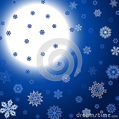 Winter blue square background with moon and snowflakes Vector Illustration
