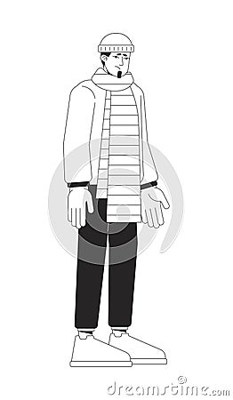 Winter blues sad caucasian man black and white 2D line cartoon character Vector Illustration