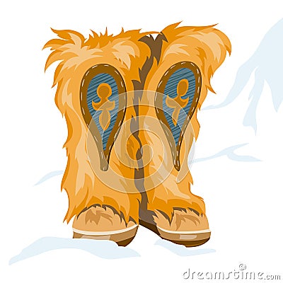 Winter boots made of fur with ethnic decoration Vector Illustration