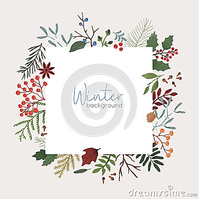 Winter botanical vector background. Xmas color backdrop with text space. Mistletoe, juniper, pine cones and coniferous Vector Illustration