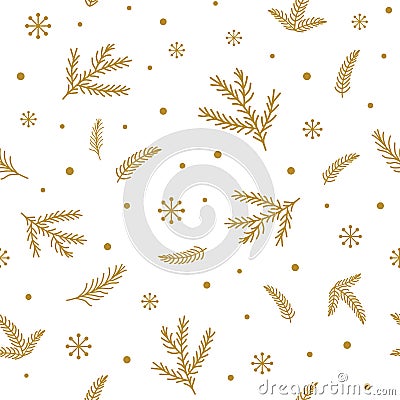 Winter branch seamless pattern Gold snowflakes golden fir branches Forest Christmas background Vector Vector Illustration