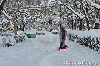 Winter landscape in the park. Winter and snow in Bucharest, Romania Editorial Stock Photo