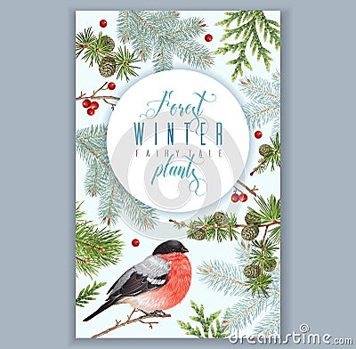 Winter bullfinch banner Vector Illustration