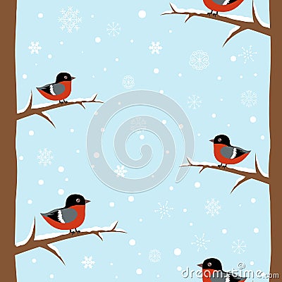 Winter bullfinch bird seamless pattern Vector Illustration