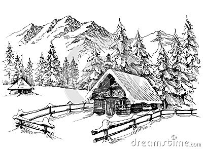 Winter cabin drawing Vector Illustration