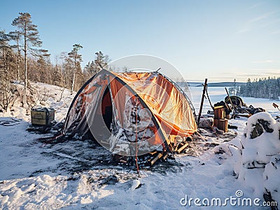 Winter Camping Adventure: Cozy Retreat in Snowy Wilderness Stock Photo