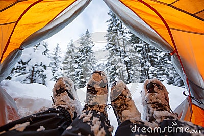 Winter camping on snow Stock Photo