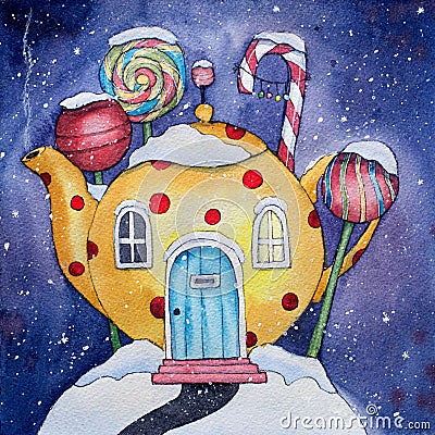 Winter Candy Land Watercolor Illustration Stock Photo