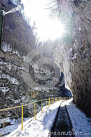The winter canyon of the Kurdzhips rive Stock Photo