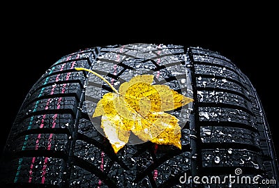 Winter car tires wheel profile with autumn leaves on black background Stock Photo