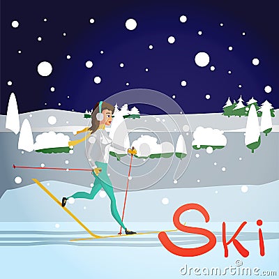 Winter card background. Ski run track, young woman running. Vector Illustration