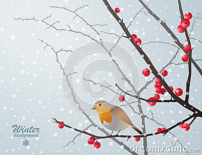 Winter card with bird sitting on bare branch Vector Illustration