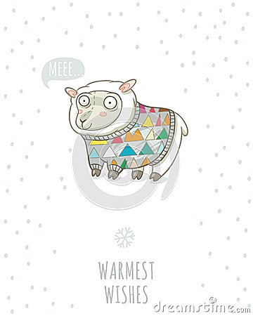 Winter card with cute sheep in knitted sweater Vector Illustration