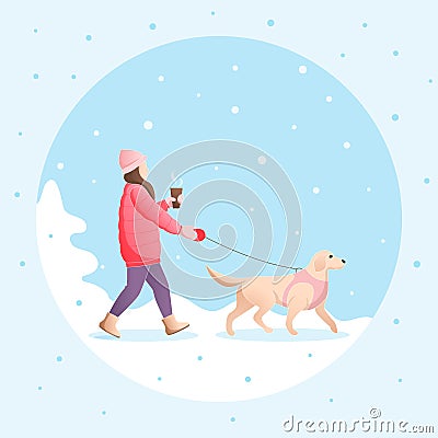 Winter card with girl and dog. Vector Illustration