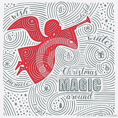 Winter Card. The Lettering - Christmas Magic Around. New Year / Christmas Design. Handwritten Swirl Pattern. Vector Illustration