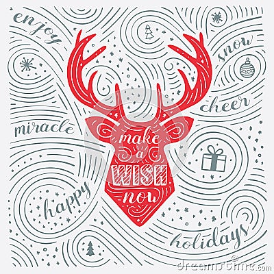 Winter Card. The Lettering - Make A Wish Now. New Year / Christmas Design. Handwritten Swirl Pattern. Vector Illustration