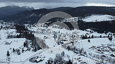 Winter Carpathian village Lazeschyna. View from above Stock Photo