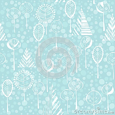 Winter cartoon forest. Floral seamless pattern with trees. Stock Photo