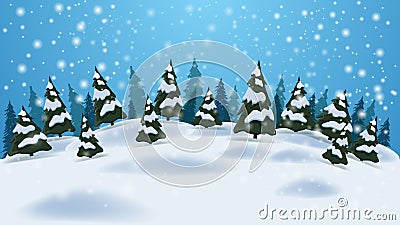 Winter cartoon landscape with blue sky, pines, drifts and snowfall. Background for your arts Vector Illustration