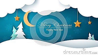 Winter cartoon paper landscape. Fir, moon, cloud, star, snow. Merry christmass. Happy new year. Vector Illustration