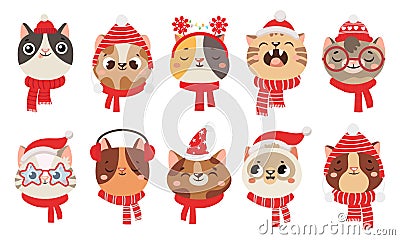 Winter cats in scarf and hat. Cute pet wearing Christmas accessory as earmuffs and party santa hats, kittens Vector Illustration