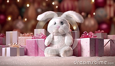 Winter celebration, cute animal toy, Christianity tradition, fun event, illuminated family love generated by AI Stock Photo