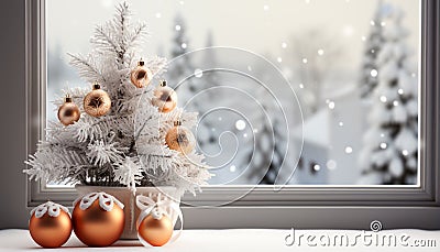 Winter celebration snow covered tree, window, and Christmas decorations indoors generated by AI Stock Photo