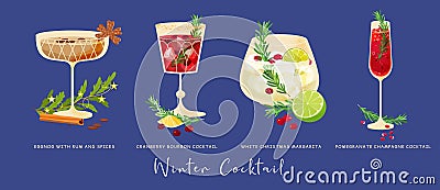 Winter Christmas alcohol cocktails vector set. Holiday festive four drink glass with bourbon, tequila, rum, champagne, cranberry, Vector Illustration