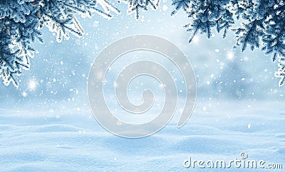 Merry christmas and happy new year greeting card with copy-space.Christmas background.Winter landscape with snow and fir trees bra Stock Photo