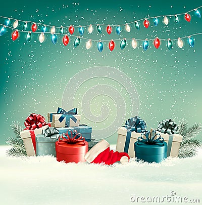 Winter christmas background with gifts and a garland. Vector Illustration