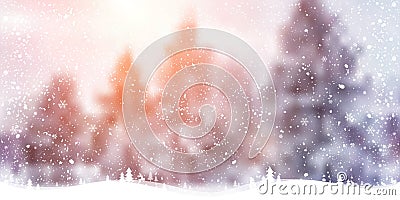 Winter Christmas background with landscape, forest, snowflakes, light, stars. Xmas and New Year card Stock Photo