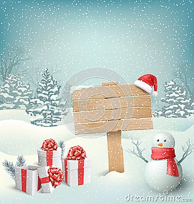 Winter Christmas Background with Signpost Snowman and Gift Boxes Vector Illustration