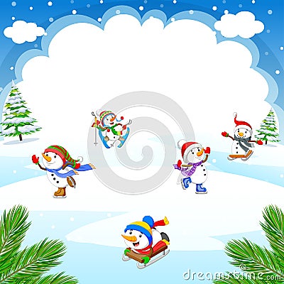 Winter Christmas Background with snowman playing ice skates, skiing, sleigh ride Vector Illustration