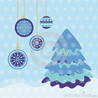 Winter Christmas card in blue and purple colors Vector Illustration