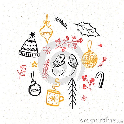 Winter and Christmas design elements. Hand drawn illustrations of knitted mittens and hat, decorations and branches Vector Illustration