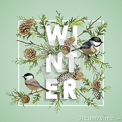 Winter Christmas Design in Vector. Winter Birds with Pines Vector Illustration