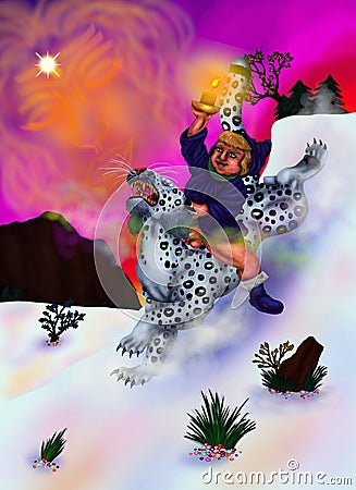 Winter Christmas Fairy Tale Young god riding a roaring Snow Leopard bringing Light of Hope through winter landscape Cartoon Illustration