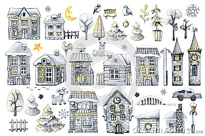 Winter Christmas houses with garlands and decorations, angel and star. Black and white watercolor illustration isolated Cartoon Illustration