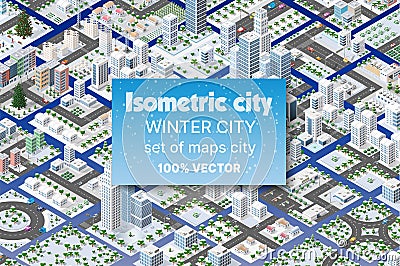 Winter Christmas landscape Isometric City set Vector Illustration