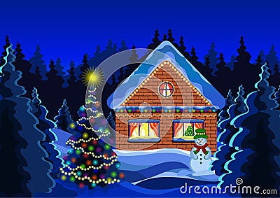 Winter christmas landscape vector drawing. Night winter snow forest, decorated with luminous garlands rustic brick house, snowman, Vector Illustration