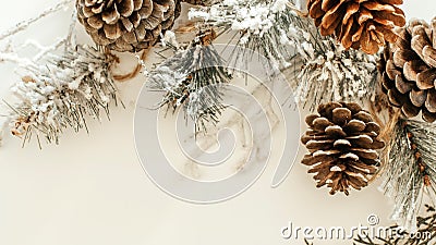 Winter Christmas and new year background with copy space - snow covered branches with pinecones and white backdrop Stock Photo