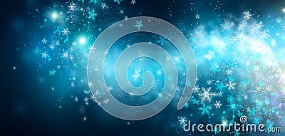 Winter Christmas and New Year glittering snow flakes swirl on black bokeh background, backdrop with sparkling blue stars Stock Photo