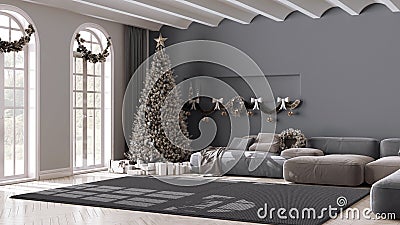 Winter, Christmas, New Year interior design in minimal living room with parquet floor and vaulted ceiling. Sofa and carpet, white Stock Photo